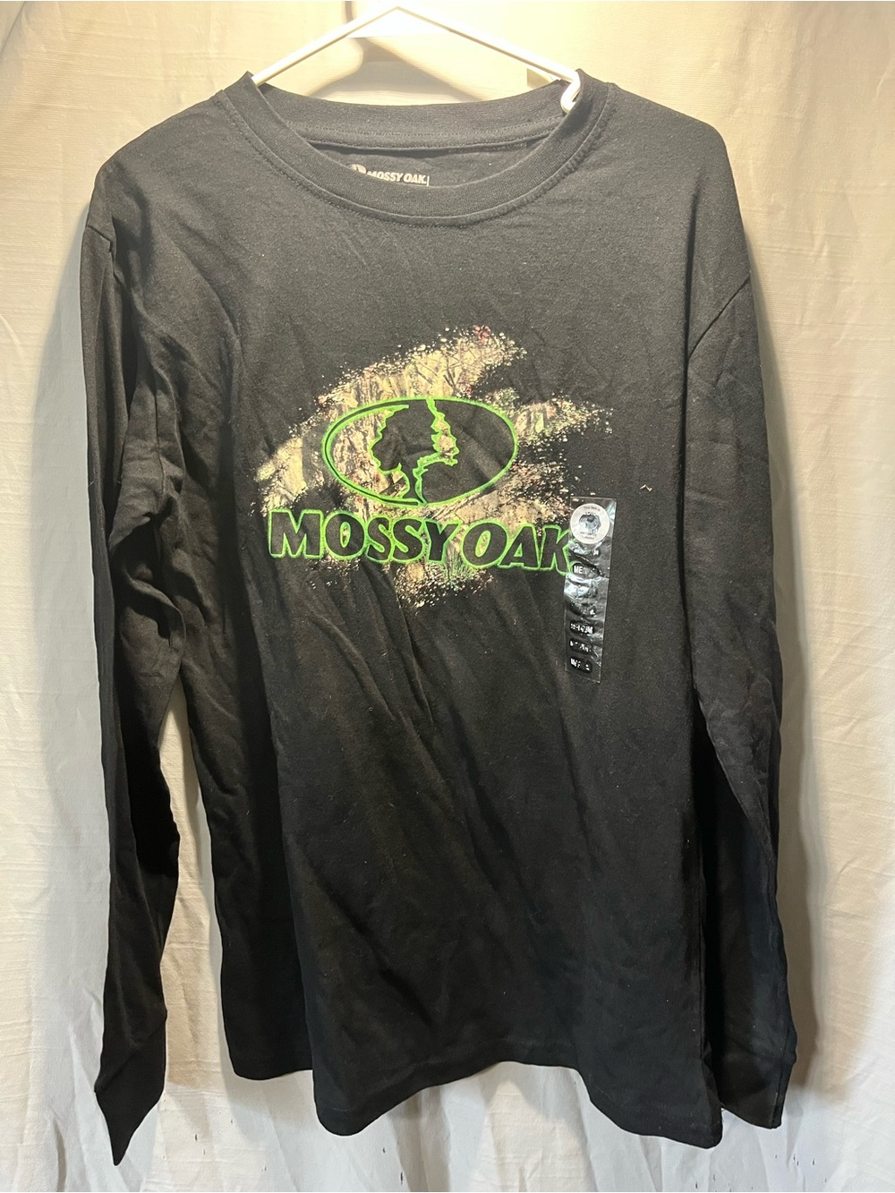 Mossy Oak Black Long-Sleeve Tee with Neon Green Logo